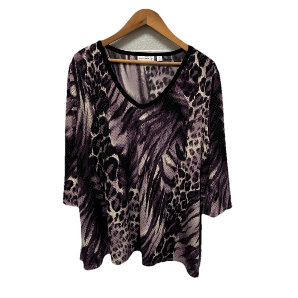 Susan Graver Women’s Plus Size 2X Leopard Animal Print Blouse‎ Sequin Retro Top